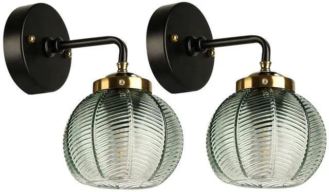 Main image of Green Bathroom Light Fixtures Mid Century Bathroom Vanity Lights | Art Deco Wall Lamp with Ribbed Glass Shade Vintage Modern Sconce Gold Black for Over Mirror Bedroom Hallway 2-Pack