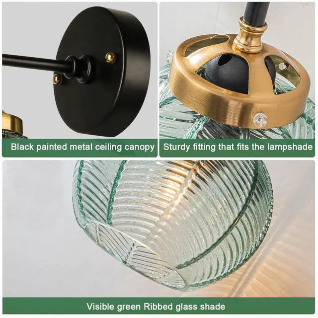 Alt view image 4 of 7 - Green Bathroom Light Fixtures Mid Century Bathroom Vanity Lights | Art Deco Wall Lamp with Ribbed Glass Shade Vintage Modern Sconce Gold Black for Over Mirror Bedroom Hallway 2-Pack