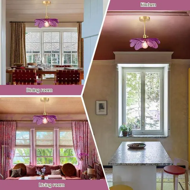 Alt view image 6 of 7 - Mid-Century Modern Flush Mount Ceiling Light Fixture Gold Brass | Mid Century Modern Close-to-Ceiling Light,D12.99" Purple Flower Glass Shade,E26 Base,Entryway,Kitchen ,Foyer,Hallway,Bedroom