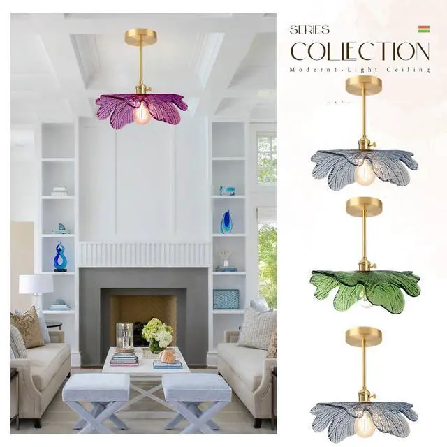 Alt view image 7 of 7 - Mid-Century Modern Flush Mount Ceiling Light Fixture Gold Brass | Mid Century Modern Close-to-Ceiling Light,D12.99" Purple Flower Glass Shade,E26 Base,Entryway,Kitchen ,Foyer,Hallway,Bedroom
