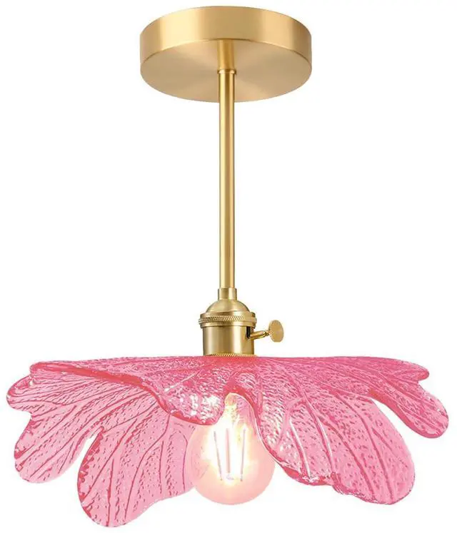 Main image of Pink Semi Flush Mount Ceiling Light -Flower Glass Shade Mid Century | Gold Brass Close to Ceiling Light,12.99 Flowers Shade,E26 Base, 7.9 Long Rod,Entrance,Hallway,Closet,Bedroom,Kitchen,Porch