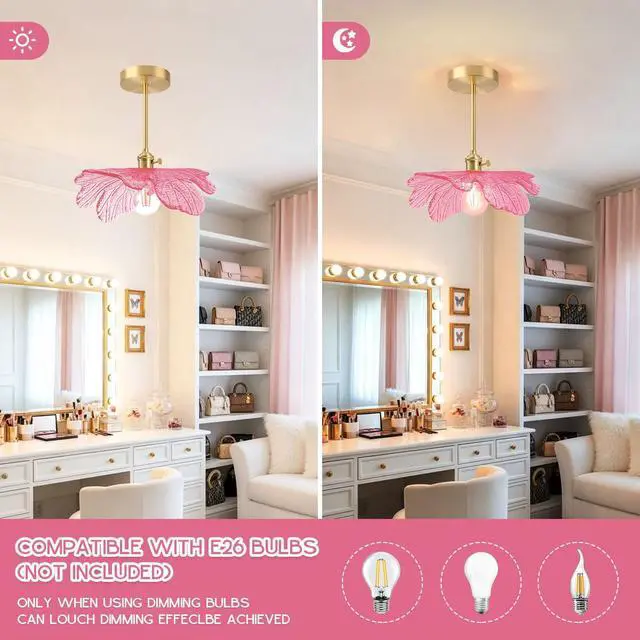 Alt view image 4 of 7 - Pink Semi Flush Mount Ceiling Light -Flower Glass Shade Mid Century | Gold Brass Close to Ceiling Light,12.99 Flowers Shade,E26 Base, 7.9 Long Rod,Entrance,Hallway,Closet,Bedroom,Kitchen,Porch
