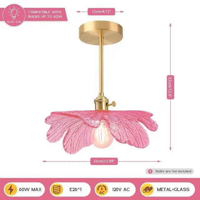 Alt view image 2 of 7 - Pink Semi Flush Mount Ceiling Light -Flower Glass Shade Mid Century | Gold Brass Close to Ceiling Light,12.99 Flowers Shade,E26 Base, 7.9 Long Rod,Entrance,Hallway,Closet,Bedroom,Kitchen,Porch