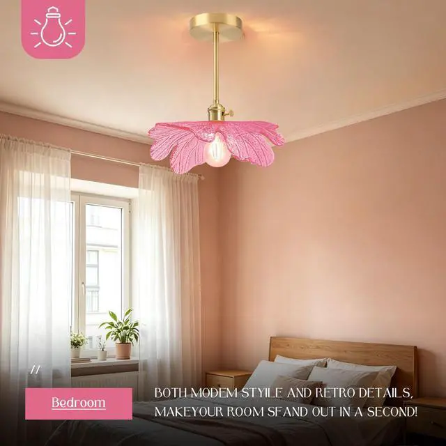 Alt view image 5 of 7 - Pink Semi Flush Mount Ceiling Light -Flower Glass Shade Mid Century | Gold Brass Close to Ceiling Light,12.99 Flowers Shade,E26 Base, 7.9 Long Rod,Entrance,Hallway,Closet,Bedroom,Kitchen,Porch
