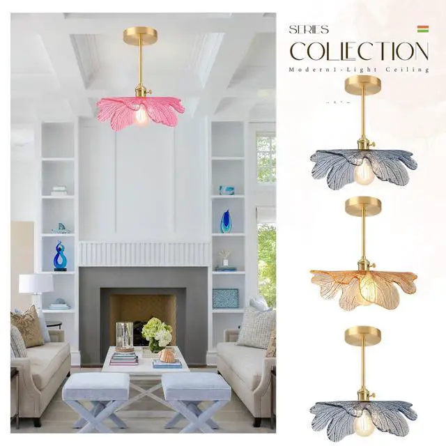 Alt view image 7 of 7 - Pink Semi Flush Mount Ceiling Light -Flower Glass Shade Mid Century | Gold Brass Close to Ceiling Light,12.99 Flowers Shade,E26 Base, 7.9 Long Rod,Entrance,Hallway,Closet,Bedroom,Kitchen,Porch