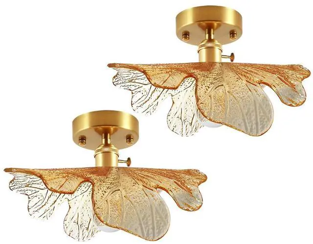 Main image of Large Flush Mount Ceiling Light Amber Glass Light Brushed Brass Mid Century Modern Light Fixture for Hallway Gold Ceiling Lights Glass Close to Ceiling Lights for Bedroom Kitchen Porch