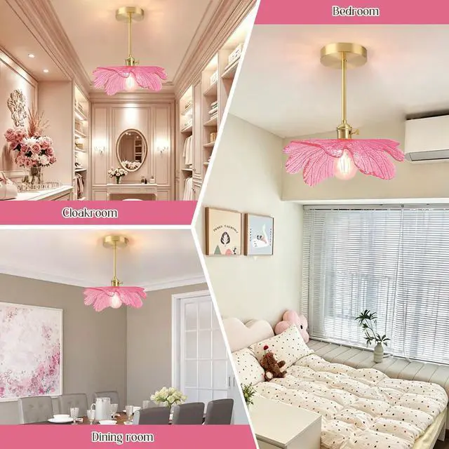 Alt view image 6 of 7 - Pink Semi Flush Mount Ceiling Light -Flower Glass Shade Mid Century | Gold Brass Close to Ceiling Light,12.99 Flowers Shade,E26 Base, 7.9 Long Rod,Entrance,Hallway,Closet,Bedroom,Kitchen,Porch