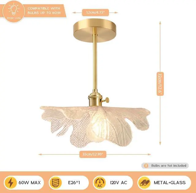 Alt view image 2 of 7 - Flower Semi Flush Mount Ceiling Light Mid Century Light Fixture | 12.99 Clear Flowers Shade Brushed Gold Brass Finish,Vintage Modern Style,E26 Base,Entrance,Hallway,Bedroom,Kitchen,Porch