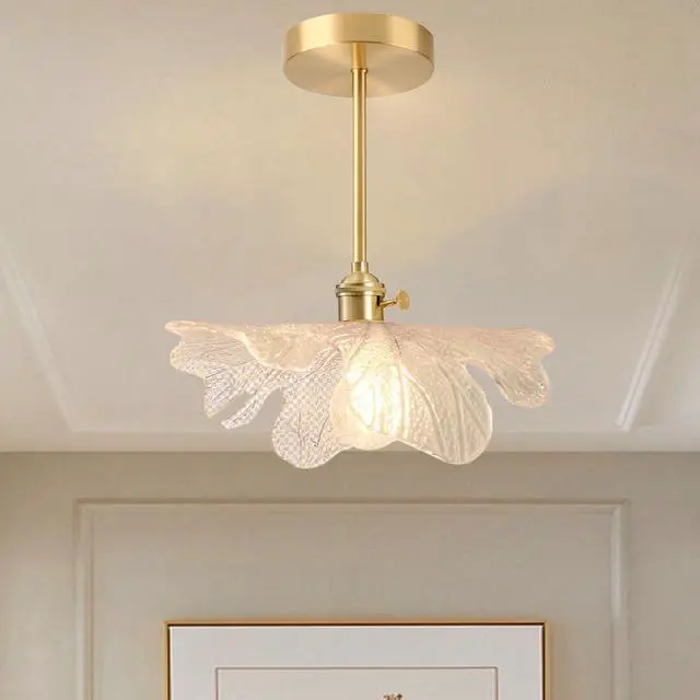 Alt view image 4 of 7 - Flower Semi Flush Mount Ceiling Light Mid Century Light Fixture | 12.99 Clear Flowers Shade Brushed Gold Brass Finish,Vintage Modern Style,E26 Base,Entrance,Hallway,Bedroom,Kitchen,Porch