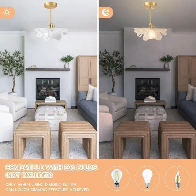 Alt view image 5 of 7 - Flower Semi Flush Mount Ceiling Light Mid Century Light Fixture | 12.99 Clear Flowers Shade Brushed Gold Brass Finish,Vintage Modern Style,E26 Base,Entrance,Hallway,Bedroom,Kitchen,Porch
