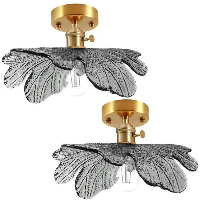 Main image of Flush Mount Ceiling Light Fixtures 2-Pack Flower Light Fixture with Gray Glass Shade 12.99" Industrial Ceiling Lamp Vintage Brass Finish Mid Century Lighting for Hallway Entryway