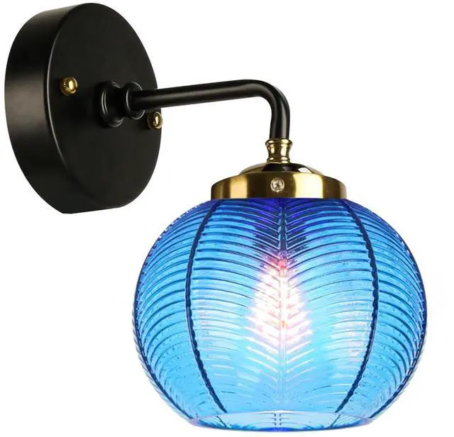 Main image of Bathroom Vanity Light Globe Wall Sconce Vintage Mid Century Art Deco with Blue Ribbed Glass Shade Gold Black Vanity Lights Fixtures for Mirror Kitchen Living Room Bedroom Hallway