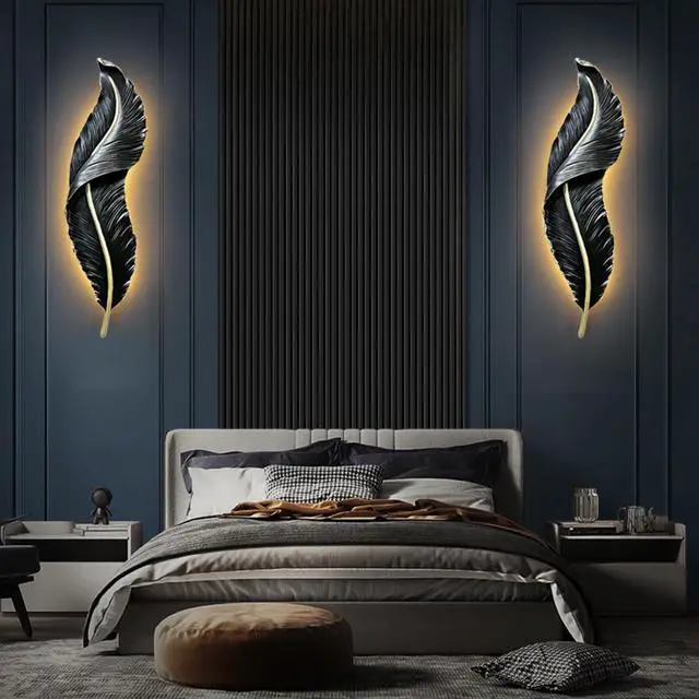 Alt view image 3 of 7 - LED Sconces Wall Lighting Black Feather Wall Light Modern Dimmable Wall Sconce Lights Mid Century Elegant Wall Lamp Creative Unique Resin Design for Bedroom Living Room Hallway