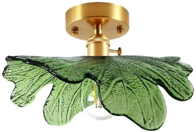 Main image of Mid Century Flush Mount Ceiling Light, Modern Glass Ceiling Light Fixtures with Green Flower Shade Gold Brass Ceiling Lamp Vintage Semi Flush Mount Ceiling Light for Hallway Bedroom