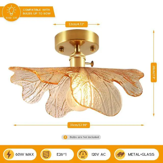 Alt view image 2 of 7 - Large Flush Mount Ceiling Light Amber Glass Light Brushed Brass Mid Century Modern Light Fixture for Hallway Gold Ceiling Lights Glass Close to Ceiling Lights for Bedroom Kitchen Porch