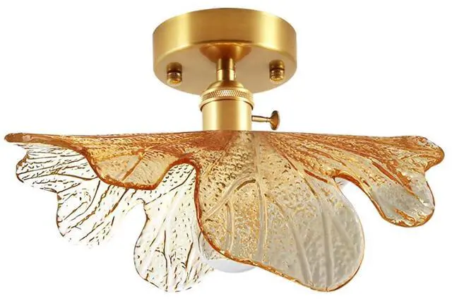 Main image of Flower Flush Mount Ceiling Light, Mid Century Modern Ceiling Light Fixtures with Amber Shade Gold Brass Entrance Lamp Vintage Semi Flush Mount Lamp for Hallway Bedroom (Amber)