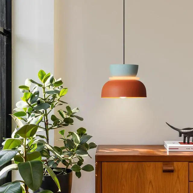 Alt view image 5 of 7 - mid Century Modern Pendant Light Colorful Pendant Lights Macaron Color Blue Orange Barn Shade Nordic Vintage Pendant Lighting for Dining Room Kitchen Island Bedroom