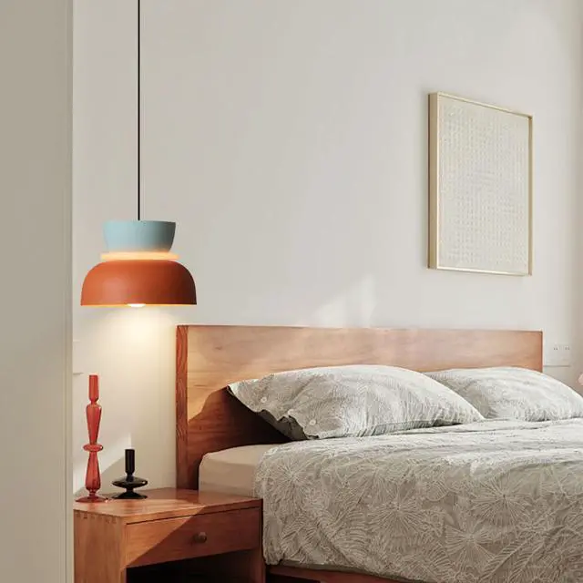 Alt view image 7 of 7 - mid Century Modern Pendant Light Colorful Pendant Lights Macaron Color Blue Orange Barn Shade Nordic Vintage Pendant Lighting for Dining Room Kitchen Island Bedroom