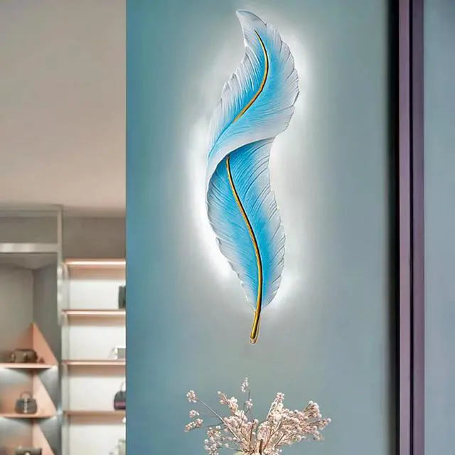 Alt view image 4 of 7 - Blue Feather Wall Light Sconce LED Feather Wall Lighting Deco with Creative Unique Resin Feather Design Modern Elegant Wall Sconce Lights for Bedroom Living Room Hallway Foyer