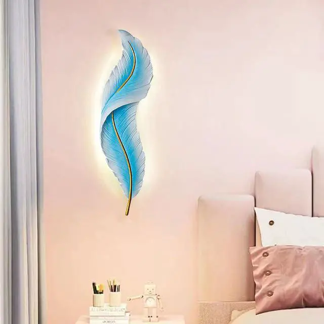 Alt view image 5 of 7 - Blue Feather Wall Light Sconce LED Feather Wall Lighting Deco with Creative Unique Resin Feather Design Modern Elegant Wall Sconce Lights for Bedroom Living Room Hallway Foyer