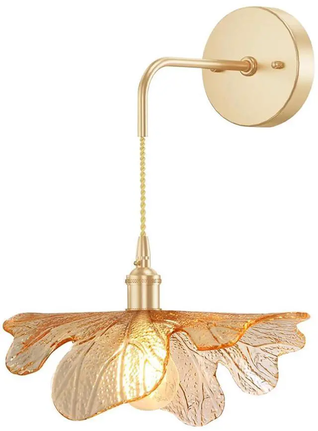 Main image of Vintage Modern Wall Sconces Amber Flower Glass Lampshade Adjustable Brass Sconce Hradwired Wall Lighting Fixture Antique Gold Bathroom Vanity Lights Hanging Sconces Light Fixtures