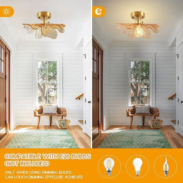 Alt view image 4 of 7 - Large Flush Mount Ceiling Light Amber Glass Light Brushed Brass Mid Century Modern Light Fixture for Hallway Gold Ceiling Lights Glass Close to Ceiling Lights for Bedroom Kitchen Porch