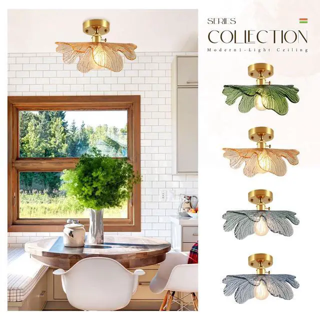 Alt view image 7 of 7 - Large Flush Mount Ceiling Light Amber Glass Light Brushed Brass Mid Century Modern Light Fixture for Hallway Gold Ceiling Lights Glass Close to Ceiling Lights for Bedroom Kitchen Porch