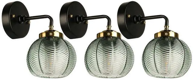 Main image of 3-Pack Vintage Wall Sconce Green Glass Wall Light Fixtures Black Bathroom Vanity Light with Ribbed Glass Shade Mid Century Modern Art Deco Vanity Lights for Over Mirror Bedroom Hallway