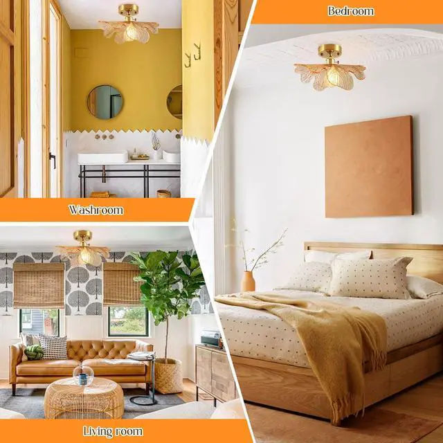 Alt view image 6 of 7 - Large Flush Mount Ceiling Light Amber Glass Light Brushed Brass Mid Century Modern Light Fixture for Hallway Gold Ceiling Lights Glass Close to Ceiling Lights for Bedroom Kitchen Porch