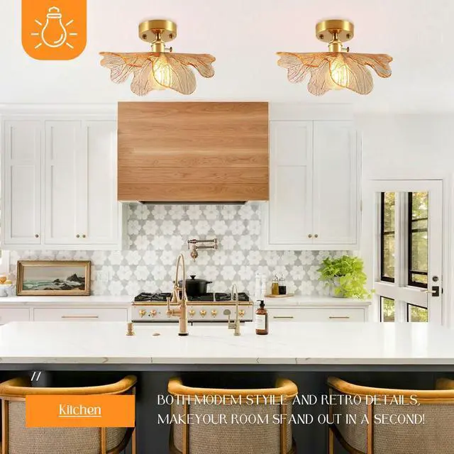 Alt view image 5 of 7 - Large Flush Mount Ceiling Light Amber Glass Light Brushed Brass Mid Century Modern Light Fixture for Hallway Gold Ceiling Lights Glass Close to Ceiling Lights for Bedroom Kitchen Porch
