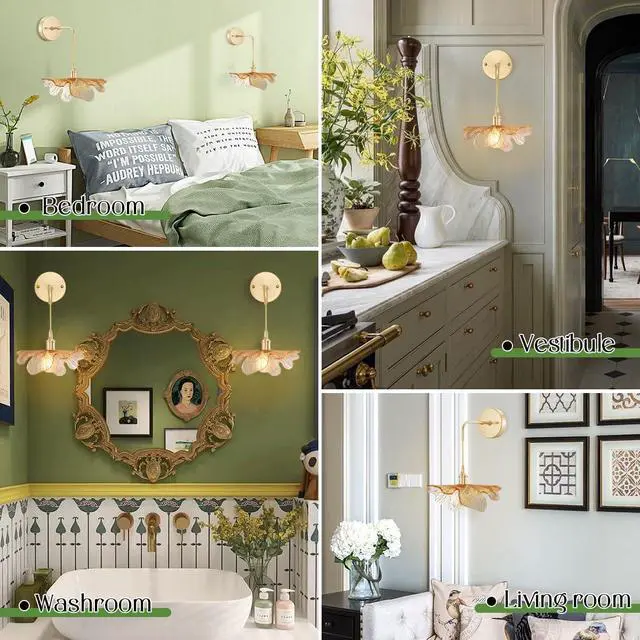 Alt view image 7 of 7 - Vintage Modern Wall Sconces Amber Flower Glass Lampshade Adjustable Brass Sconce Hradwired Wall Lighting Fixture Antique Gold Bathroom Vanity Lights Hanging Sconces Light Fixtures