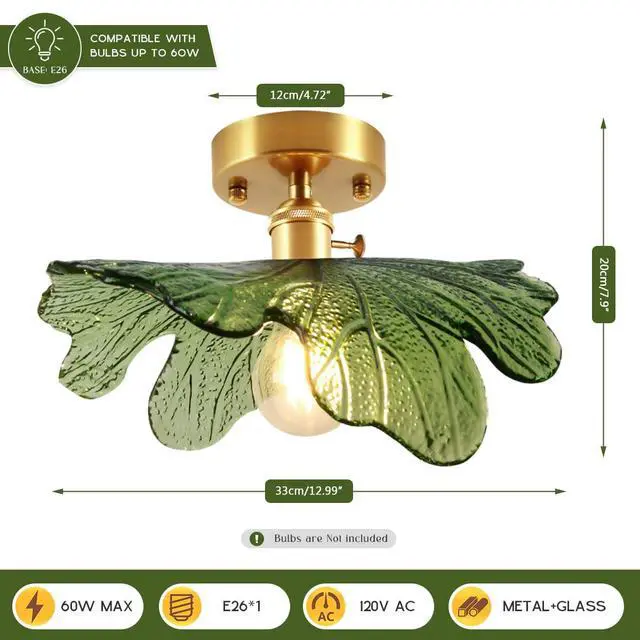 Alt view image 2 of 7 - Green Glass Flush Mount Ceiling Light Fixture Gold Brass Ceiling Lighting Mid Century Vintage Modern Ceiling Lights Hand Blown Flower Glass Close to Ceiling Lamp for Hallway Bedroom