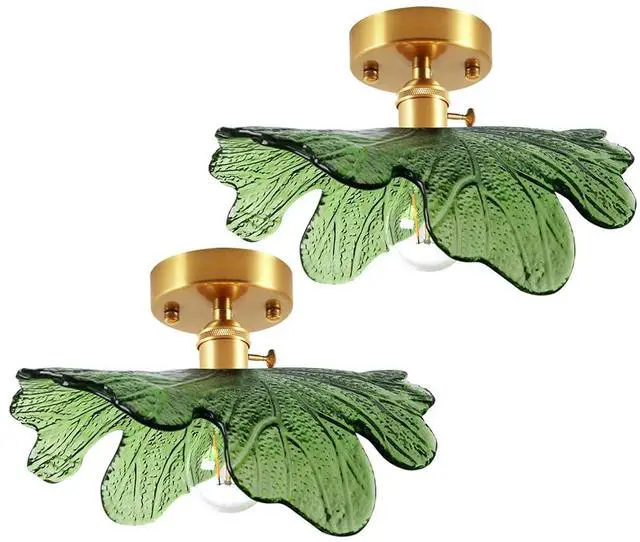 Main image of Green Glass Flush Mount Ceiling Light Fixture Gold Brass Ceiling Lighting Mid Century Vintage Modern Ceiling Lights Hand Blown Flower Glass Close to Ceiling Lamp for Hallway Bedroom