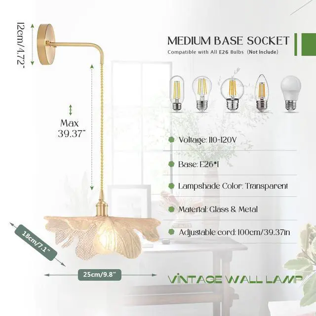 Alt view image 2 of 7 - Vintage Bathroom Wall Sconce Light Mid-Century Modern Wall Sconces Lighting Glass Flower Vanity Light Fixture Gold Brass Wall Lamp Hanging Adjustable Cord for Bedroom Kitchen Island