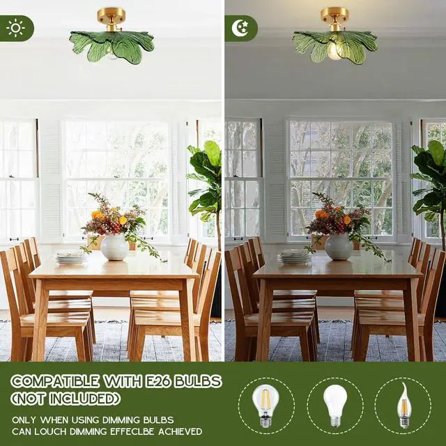 Alt view image 4 of 7 - Green Glass Flush Mount Ceiling Light Fixture Gold Brass Ceiling Lighting Mid Century Vintage Modern Ceiling Lights Hand Blown Flower Glass Close to Ceiling Lamp for Hallway Bedroom