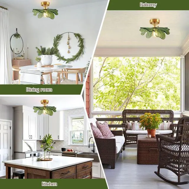 Alt view image 6 of 7 - Green Glass Flush Mount Ceiling Light Fixture Gold Brass Ceiling Lighting Mid Century Vintage Modern Ceiling Lights Hand Blown Flower Glass Close to Ceiling Lamp for Hallway Bedroom