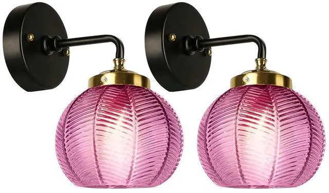 Main image of Mid Century Modern Bathroom Lights Vanity Sconce Art Deco Ribbed Glass Wall Sconces Purple Wall Light Pumpkin Vanity Lights with Globe Shade Black Gold Bathroom Light Fixture Mirror
