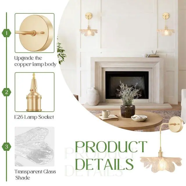 Alt view image 3 of 7 - Vintage Bathroom Wall Sconce Light Mid-Century Modern Wall Sconces Lighting Glass Flower Vanity Light Fixture Gold Brass Wall Lamp Hanging Adjustable Cord for Bedroom Kitchen Island