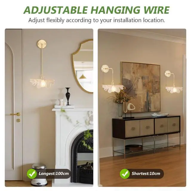 Alt view image 4 of 7 - Vintage Bathroom Wall Sconce Light Mid-Century Modern Wall Sconces Lighting Glass Flower Vanity Light Fixture Gold Brass Wall Lamp Hanging Adjustable Cord for Bedroom Kitchen Island
