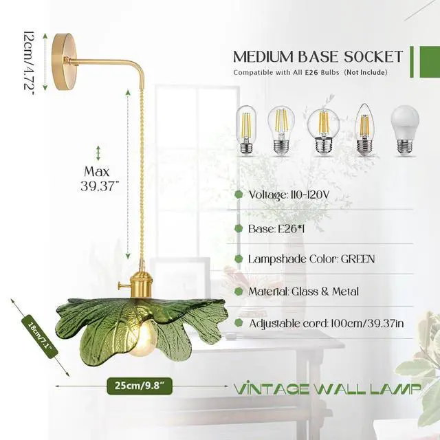 Alt view image 2 of 7 - Vintage Wall Sconce Adjustable Gold Brass Wall Sconces Lights Bathroom Vanity Light Fixtures Green Glass Flower Shade Hardwired Mid Century Modern Wall Lighting Vanity Light (Green)