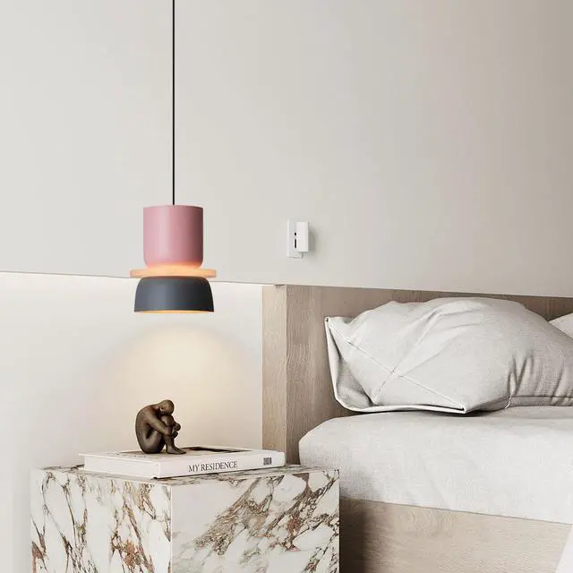 Alt view image 7 of 7 - Color Pendant Light Nordic Pendant Lights Mid Century Modern Hanging Lamp Navy Blue Pink Macaron Color Barn Shade Vintage Colorful Pendant Lighting Kitchen Island Dining Bedroom