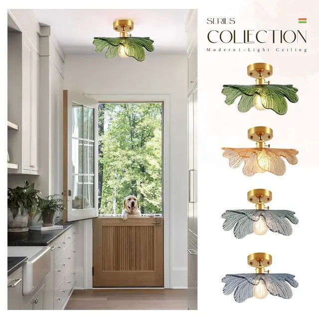 Alt view image 7 of 7 - Green Glass Flush Mount Ceiling Light Fixture Gold Brass Ceiling Lighting Mid Century Vintage Modern Ceiling Lights Hand Blown Flower Glass Close to Ceiling Lamp for Hallway Bedroom