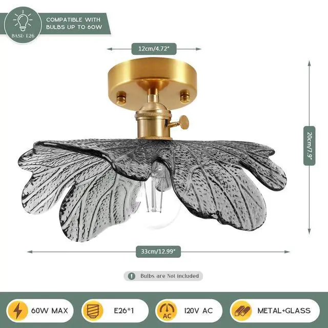 Alt view image 2 of 7 - Flush Mount Ceiling Light Fixtures 2-Pack Flower Light Fixture with Gray Glass Shade 12.99" Industrial Ceiling Lamp Vintage Brass Finish Mid Century Lighting for Hallway Entryway