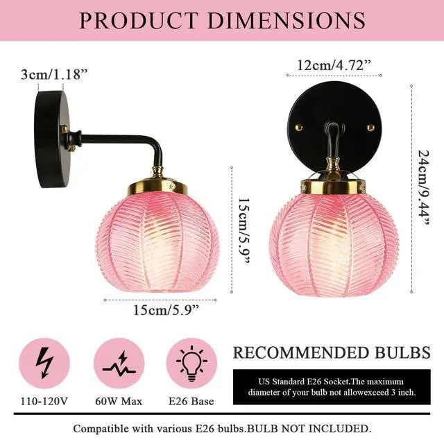 Alt view image 2 of 7 - Pink Glass Wall Light Fixtures Mid Century Bathroom Vanity Light with Ribbed Glass Shade Modern Art Deco Wall Sconce Black Vintage Vanity Lights Fixture Over Mirror Bedroom Hallway