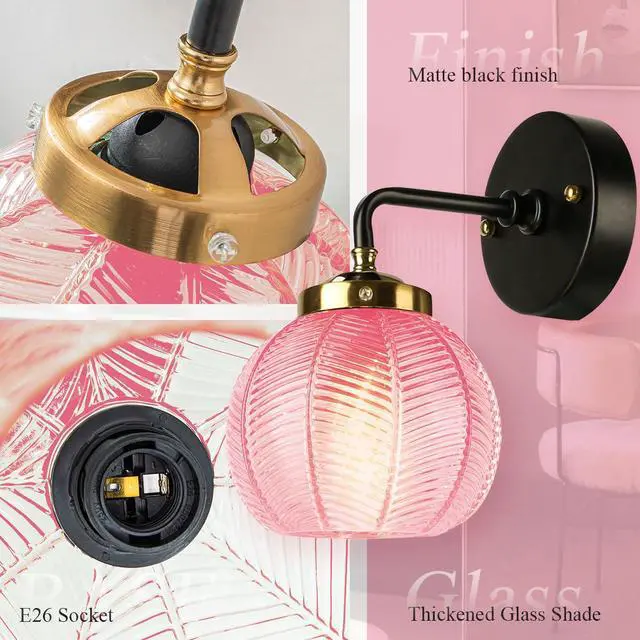 Alt view image 3 of 7 - Pink Glass Wall Light Fixtures Mid Century Bathroom Vanity Light with Ribbed Glass Shade Modern Art Deco Wall Sconce Black Vintage Vanity Lights Fixture Over Mirror Bedroom Hallway