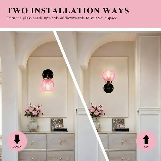 Alt view image 4 of 7 - Pink Glass Wall Light Fixtures Mid Century Bathroom Vanity Light with Ribbed Glass Shade Modern Art Deco Wall Sconce Black Vintage Vanity Lights Fixture Over Mirror Bedroom Hallway