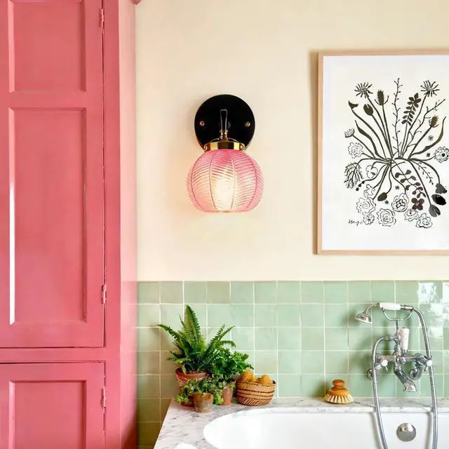 Alt view image 5 of 7 - Pink Glass Wall Light Fixtures Mid Century Bathroom Vanity Light with Ribbed Glass Shade Modern Art Deco Wall Sconce Black Vintage Vanity Lights Fixture Over Mirror Bedroom Hallway