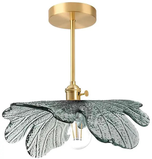 Main image of Modern Semi-Flush Mount Light Fixture Dark Green Flower Ceiling Lamp | 33cm/12.99 Glass Shade,20cm Gold Brass Rod Finish,E26 Base,Vintage Fixture,Bedroom, Nursery, Master, Hallway, Entrance