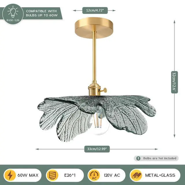 Alt view image 2 of 7 - Modern Semi-Flush Mount Light Fixture Dark Green Flower Ceiling Lamp | 33cm/12.99 Glass Shade,20cm Gold Brass Rod Finish,E26 Base,Vintage Fixture,Bedroom, Nursery, Master, Hallway, Entrance