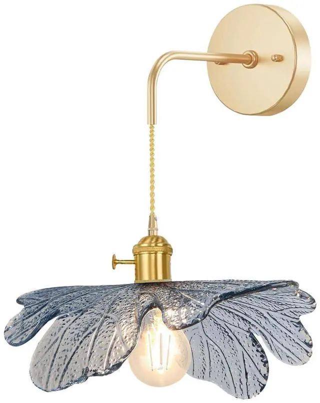Main image of Vintage Wall Sconce Light Fixture Adjustable Gold Brass Sconces Lights Bathroom Vanity Light Fixtures Blue Glass Flower Shade Hardwired Mid Century Modern Wall Lighting Vanity Light